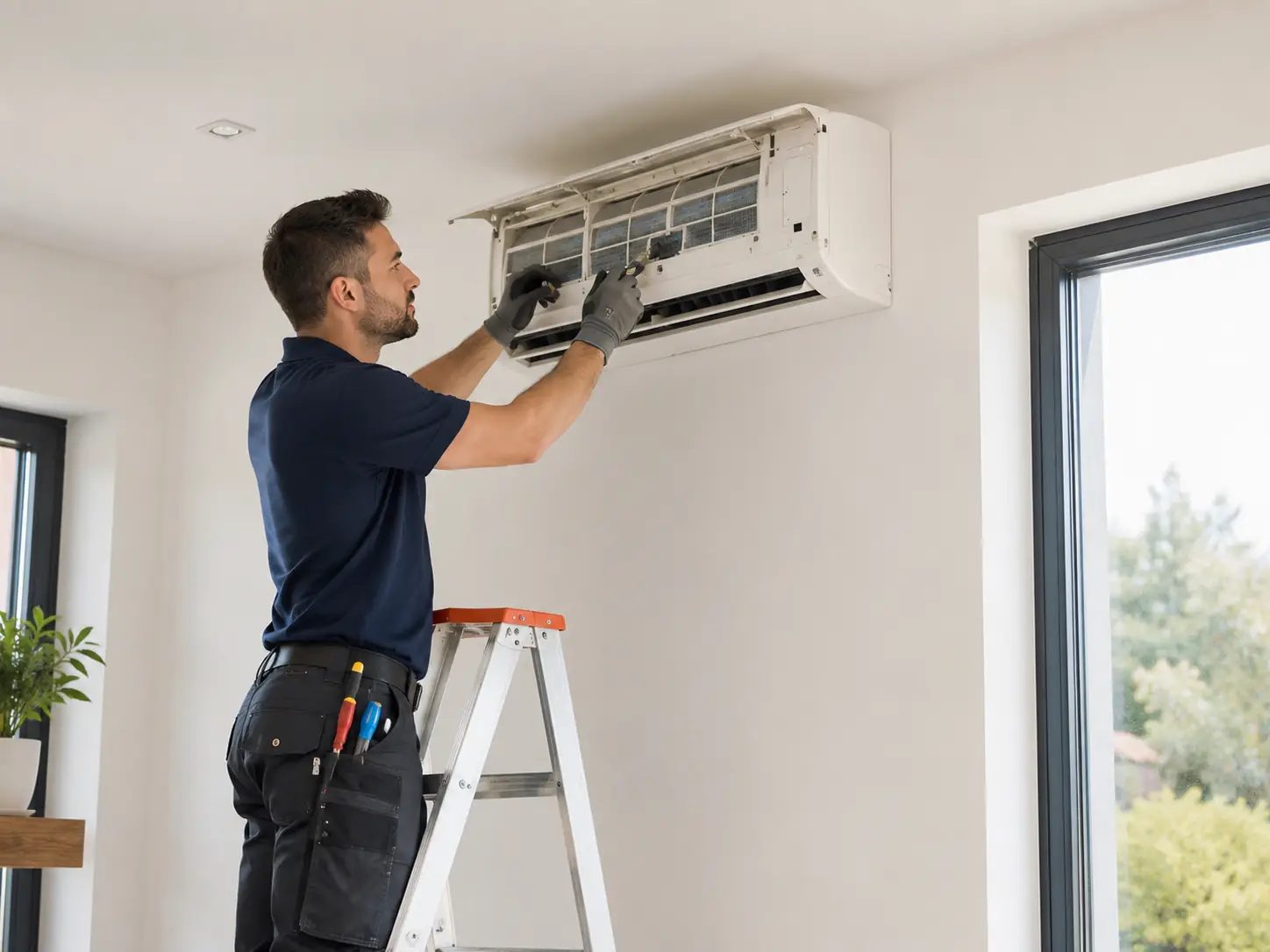 Technician installing an air conditioning unit in a bright home